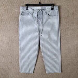 Frayed Jeans Womens 12 Blue White Striped High Rise Straight Crop Lace Up Denim